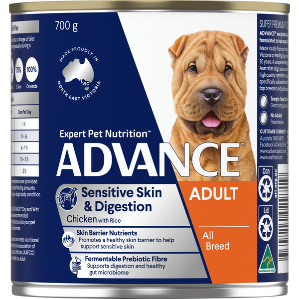 ADVANCE Sensitive Skin and Digestion Adult All Breed Chicken with Rice Cans 12x700g