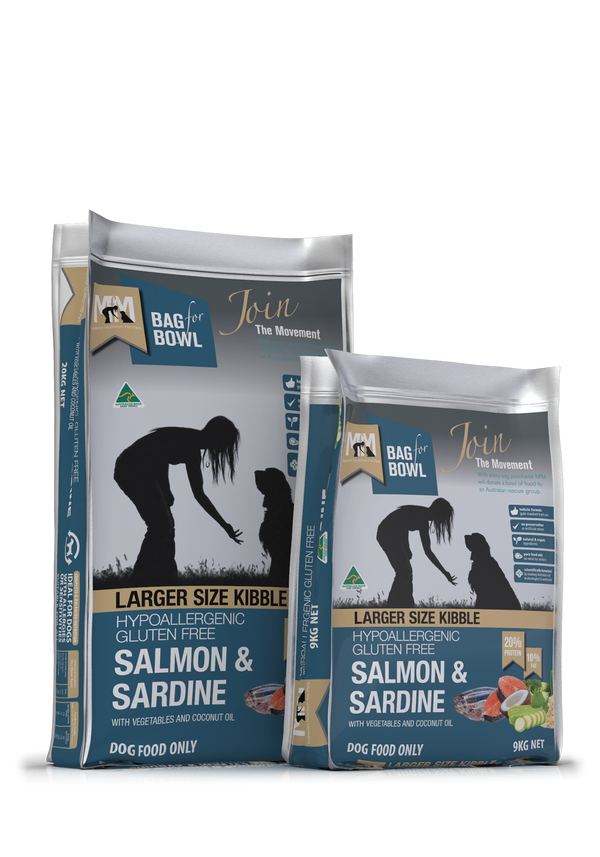 Meals for Mutts Salmon & Sardine large kibble dog food sizes