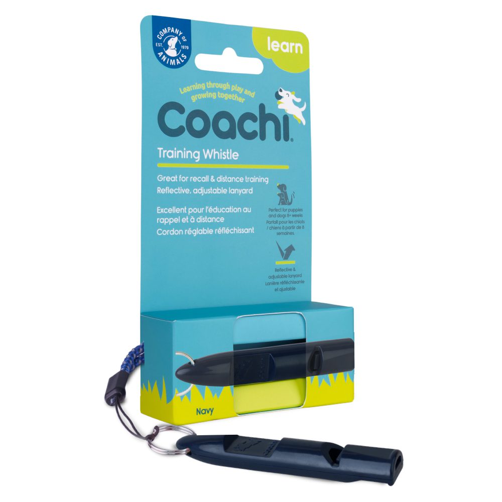 Coachi Training Whistle in navy with adjustable lanyard and retail packaging