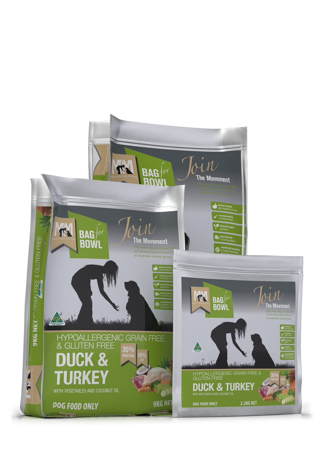 Meals for Mutts Duck & Turkey dog food sizes