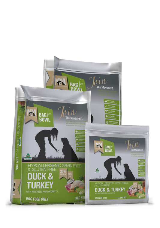 Meals for Mutts Duck & Turkey dog food sizes