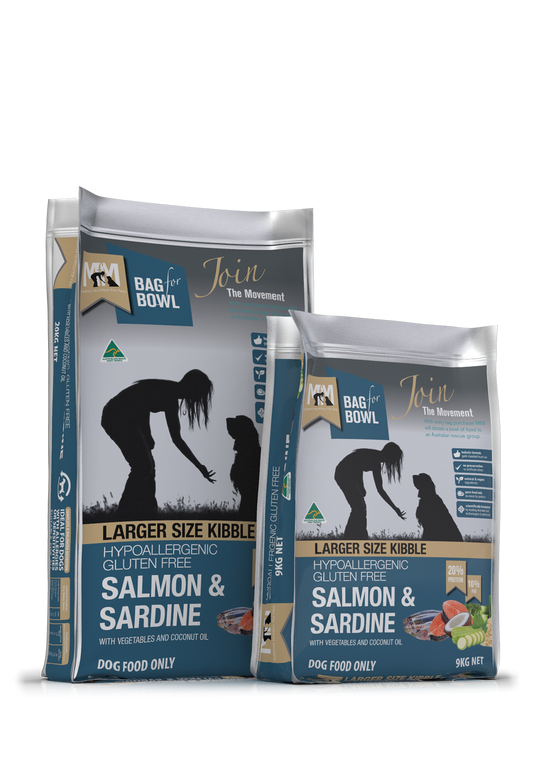 Meals for Mutts Salmon & Sardine large kibble dog food sizes