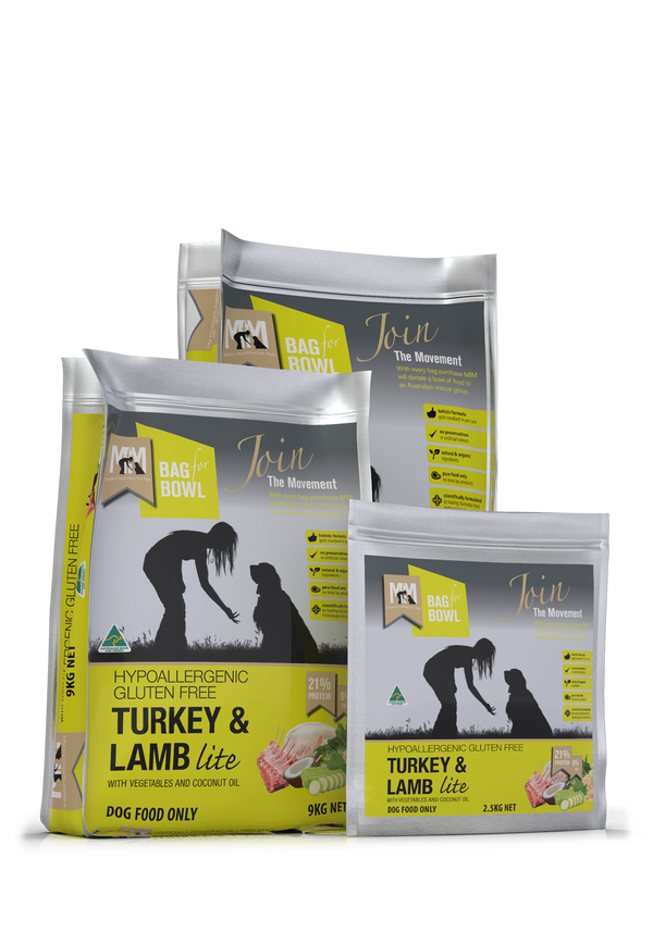 Meals for Mutts Turkey & Lamb Lite dog food sizes