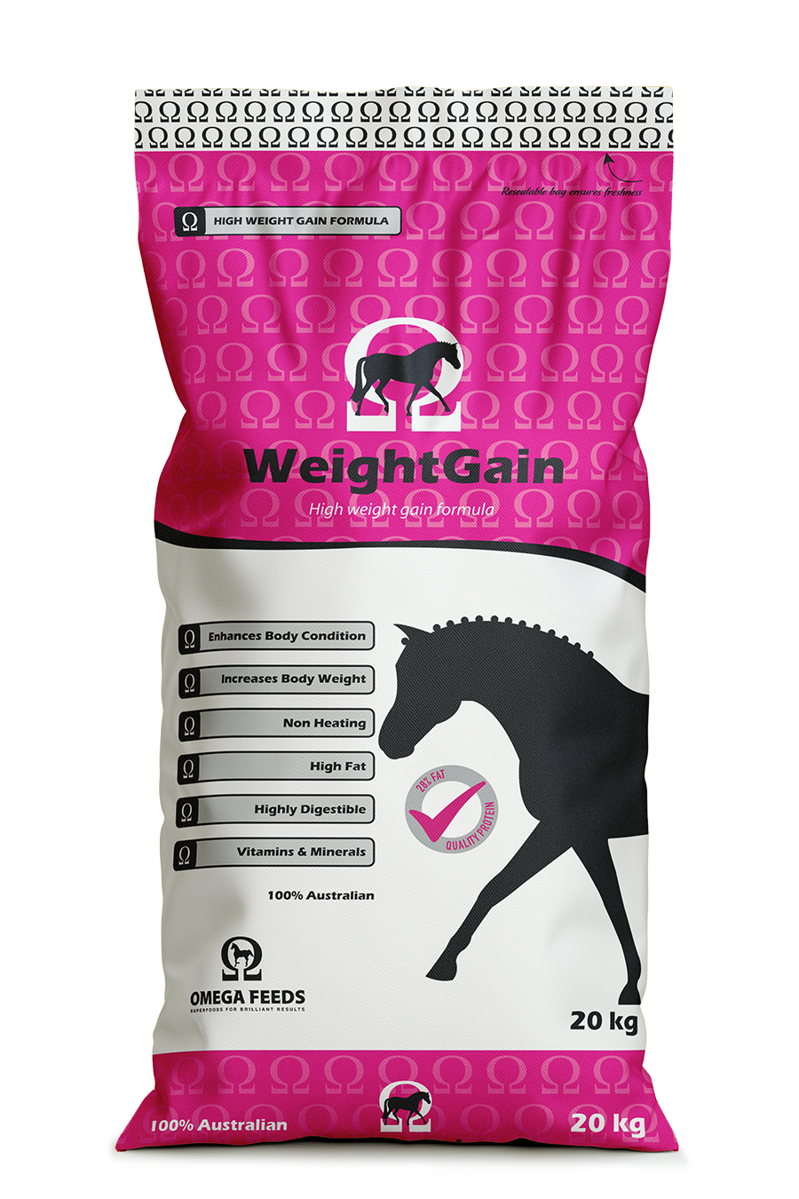 Omega Feeds WeightGain 20kg horse feed supplement bag