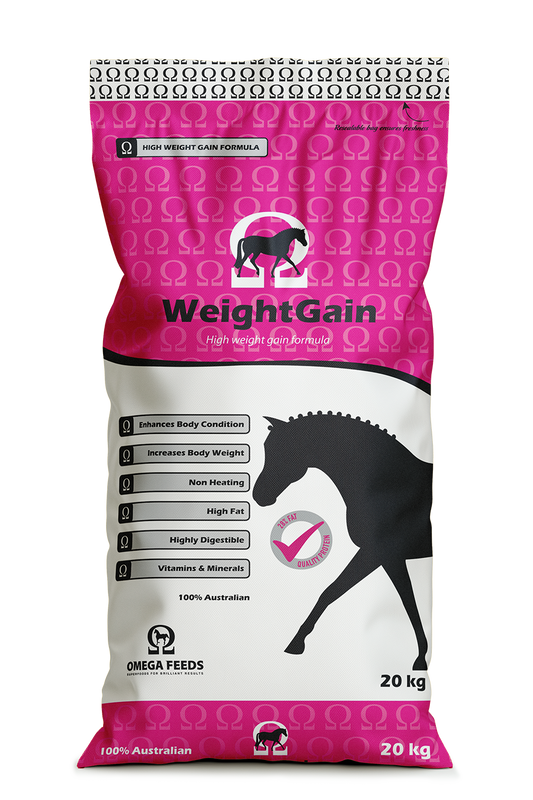 Omega Feeds WeightGain 20kg horse feed supplement bag
