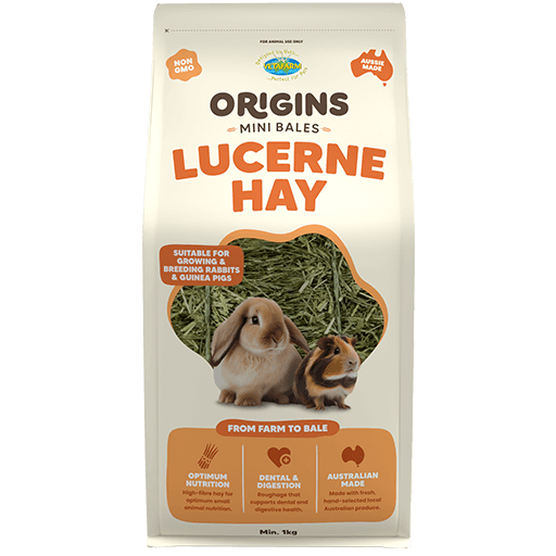 Vetafarm Origins Lucerne Hay Mini Bale 1kg product packaging
